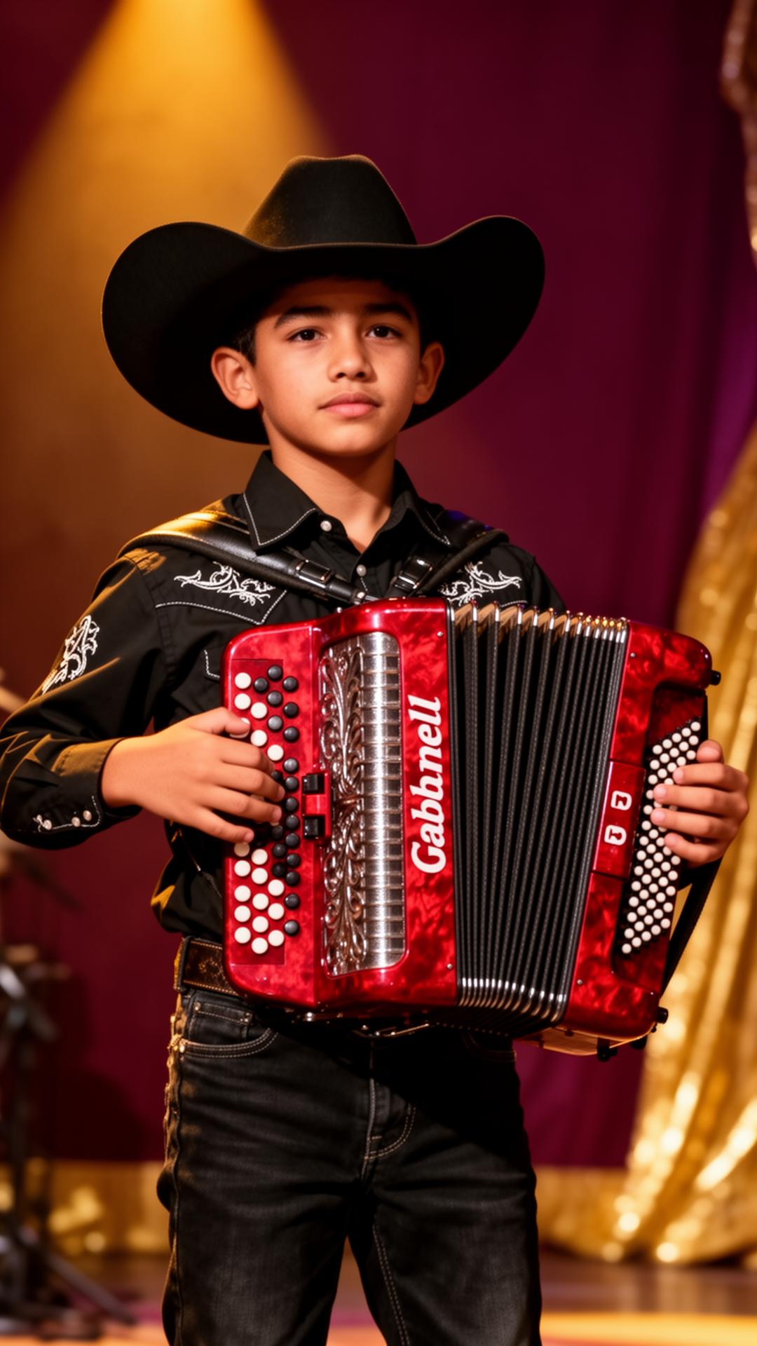 Young musician playing a red Gabbanell button accordion on stage